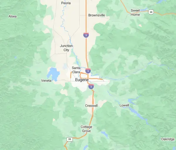 Service area map showing Lane County, Oregon including Eugene, Springfield, and surrounding cities