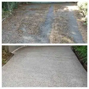 Driveway before and after pressure washing - top shows driveway covered in pine needles and moss, bottom reveals spotless finish.