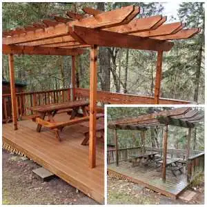 Wooden pergola transformation - Main image shows result of intricate details of wood restoration, inset shows original moss, algae, and weathering on pergola surfaces