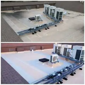Before and after comparison of soft wash technique applied to industrial rubber roof. Top shows heavy black staining, bottom shows vibrant like-new rubber roof.